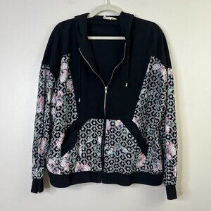 Entro Floral Embroidered Crochet Zip Up Hoodie Hooded Sweatshirt 100% Cotton